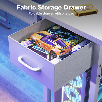 59" Reversible L-Shaped Gaming Desk with Power Outlets & LED Lights, Office Desk with Storage Drawer & Keyboard Tray for Home Office, Corner Computer Desk with Hutch, White