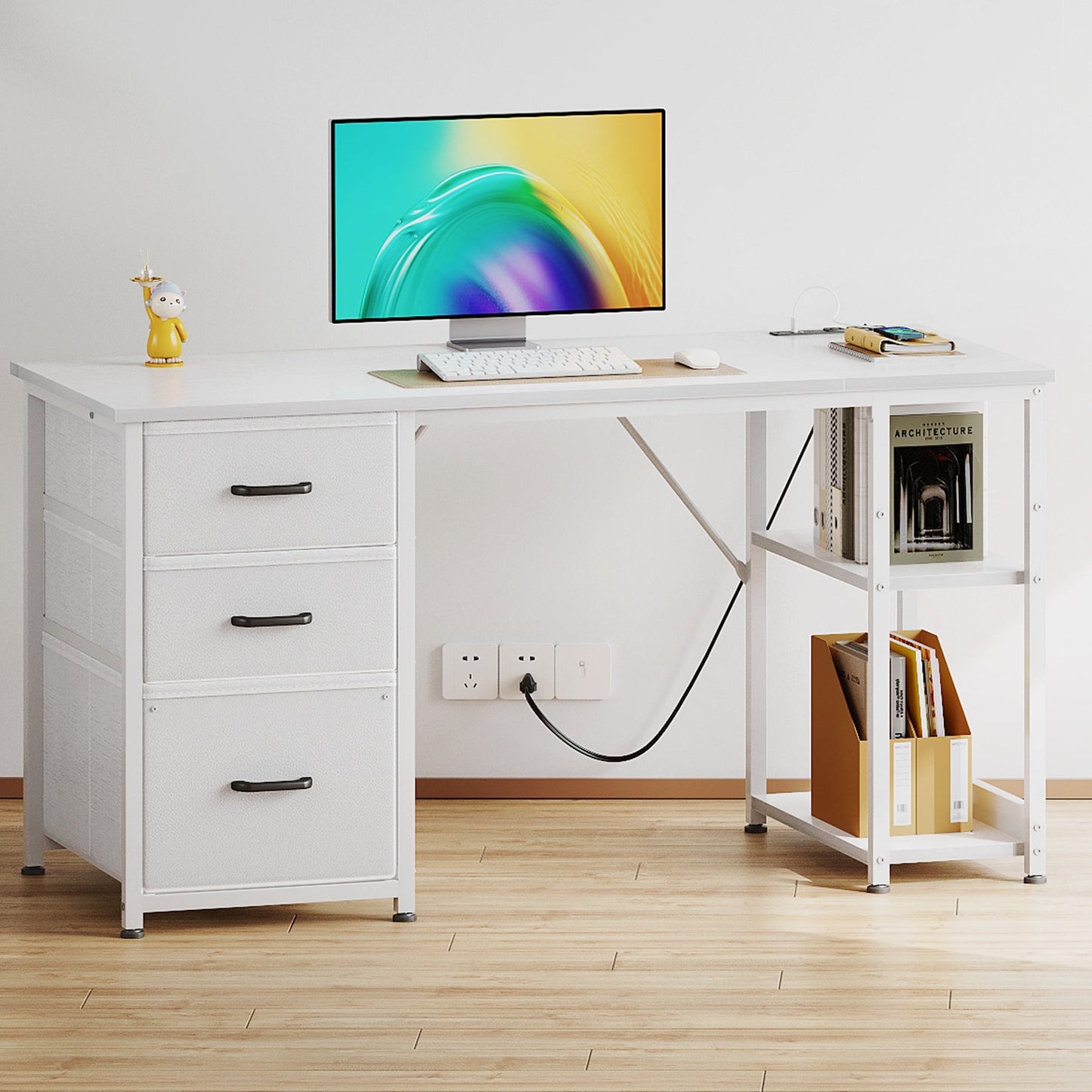 51 Inch Computer Desk with File Drawers & USB Power Outlets- Reversible Home Office Desk with Storage Shelves, Work from Home, Writing Table for Bedroom, White