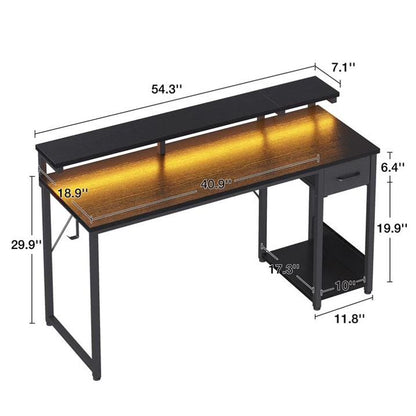 Gaming Desk with LED Lights, 55 Inch Reversible L Shaped Computer Desk with Fabric Drawer, Monitor Stand and Headphone Hook, Small Home Office and Gaming Desk, Black