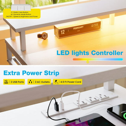 Casacomoda Electric Standing Desk with Power Outlets and LED Lights, Adjustable Height Sit Stand Desk with Monitor Shelf & 3 Fabric Drawers for Home Office, White