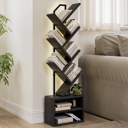 Casacomoda 6 Tier Tall Tree Bookshelf with LED Lights, Bookcase with Double Storage Cabinet, Narrow Corner Display Shelf, Floor Standing Organizer for Living Room, Bedroom, Home Office, Black