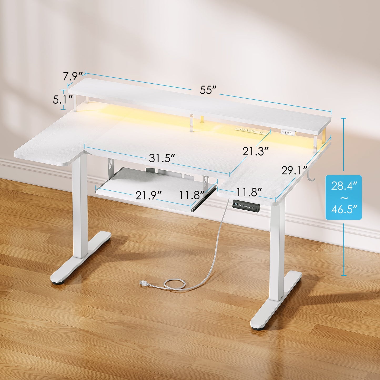 Casacomoda 55 inch U Shaped Electric Standing Desk with Keyboard Tray, Height Adjustable Desk with Power Outlets & LED Lights, Sit Stand Table with Monitor Stand for Home, Office, White