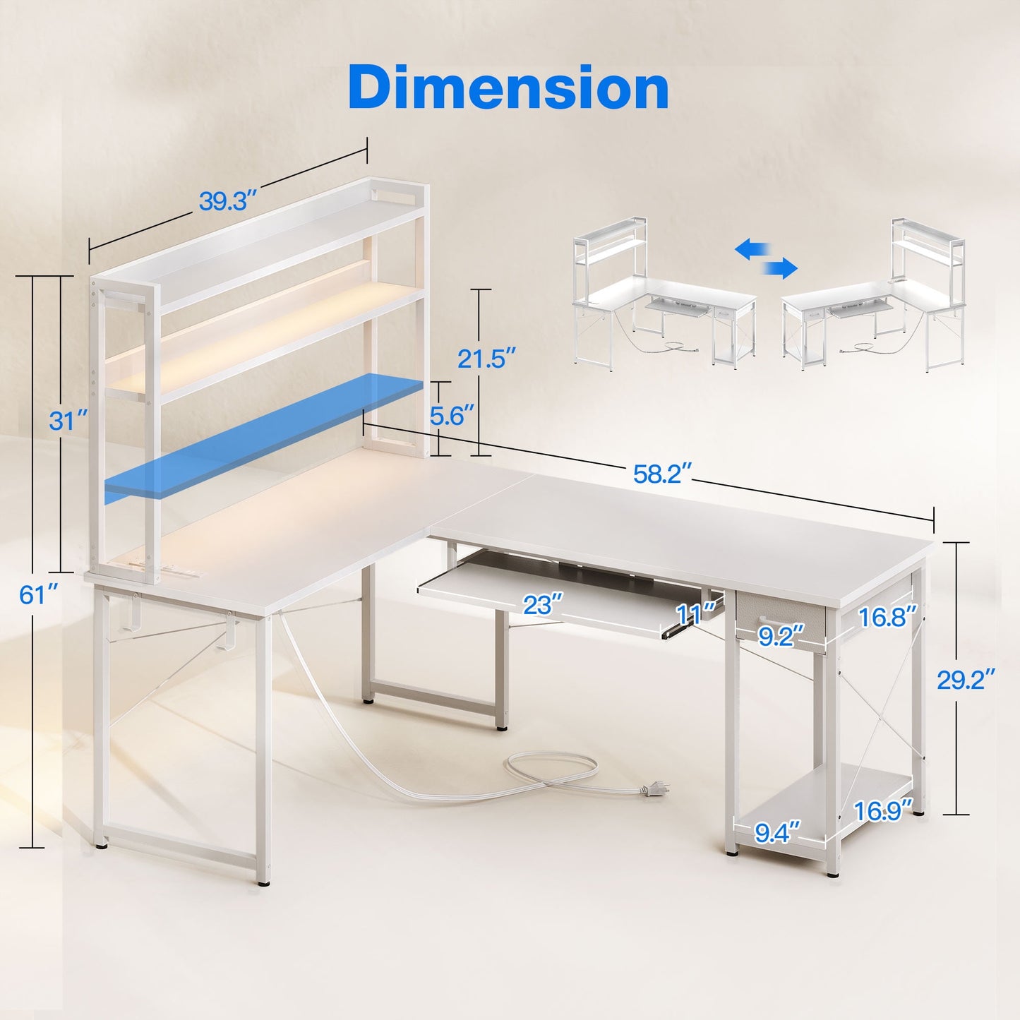 59" Reversible L-Shaped Gaming Desk with Power Outlets & LED Lights, Office Desk with Storage Drawer & Keyboard Tray for Home Office, Corner Computer Desk with Hutch, White