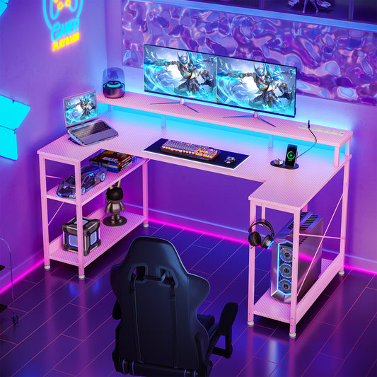 Casacomoda U-Shaped Computer Desk with Power Outlet & LED Lights, Home Ofiice Desk with Monitor Stand and 4 Open Shelves, Black