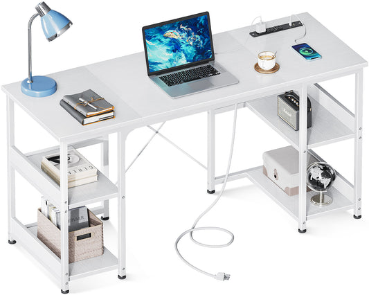 Casacomoda 48 inch Home Office Desk with Power Outlets, Computer Desk with Storage Sheves, Writing Desk With Sturdy Structure, White