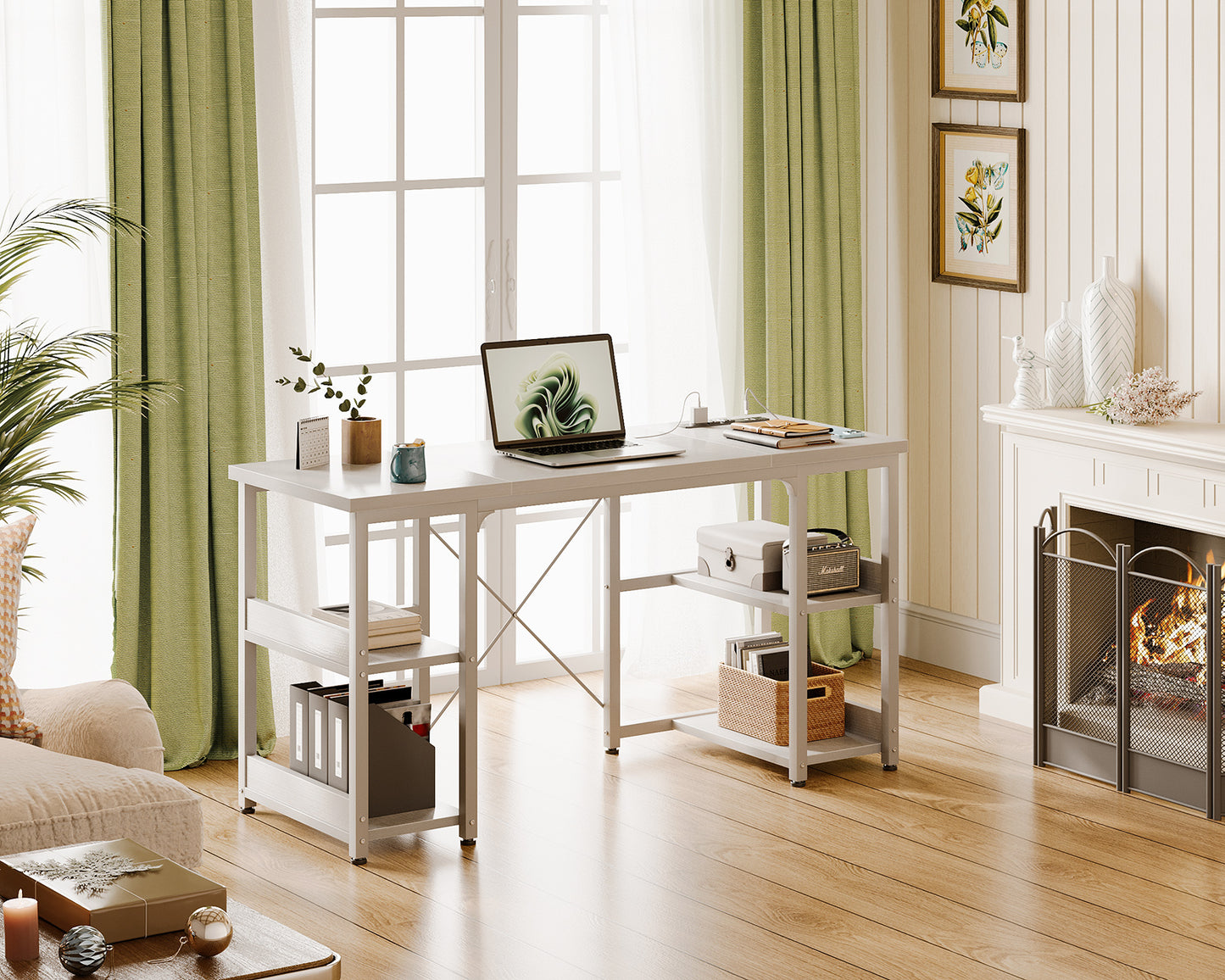Casacomoda 48 inch Home Office Desk with Power Outlets, Computer Desk with Storage Sheves, Writing Desk With Sturdy Structure, White