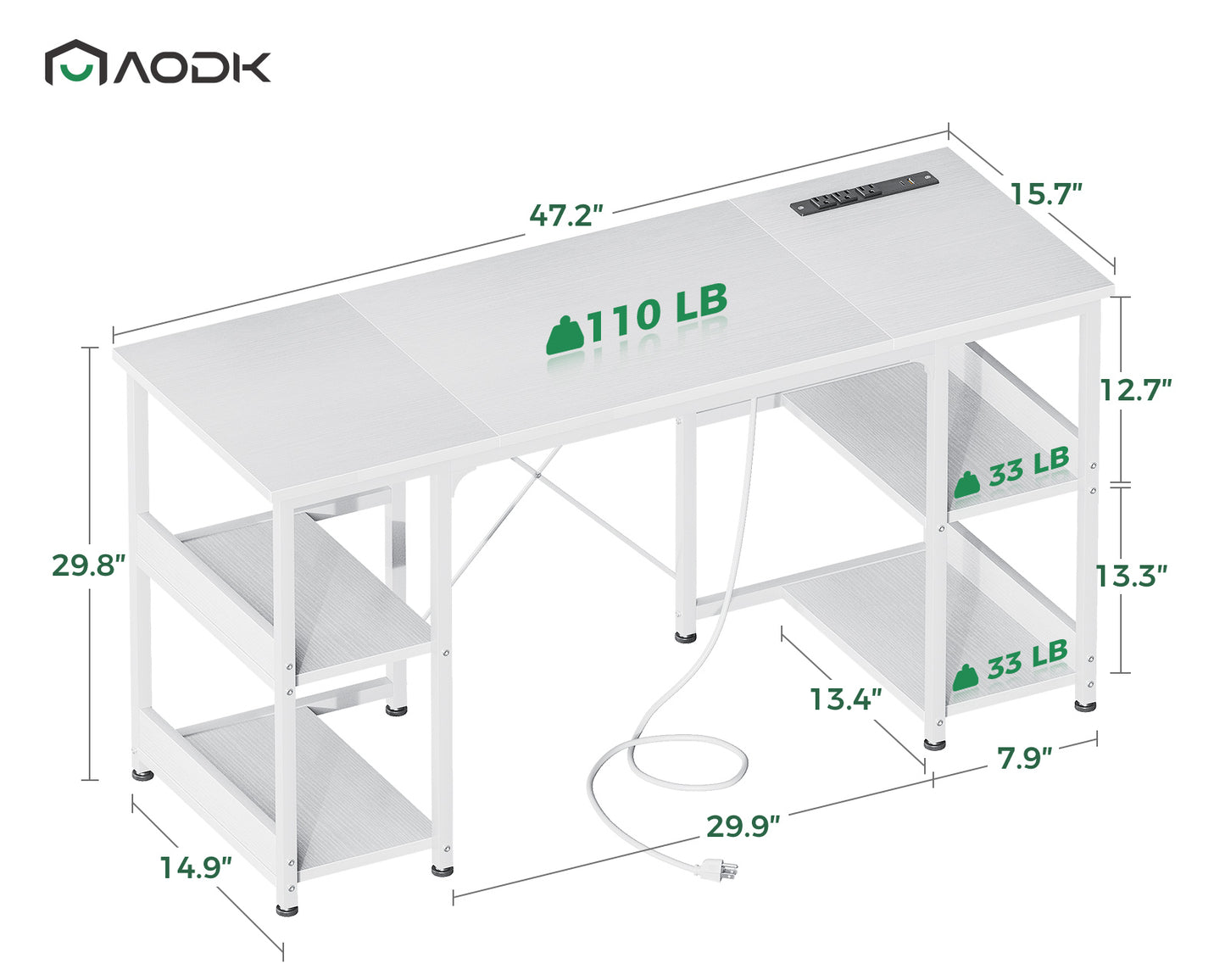 Casacomoda 48 inch Home Office Desk with Power Outlets, Computer Desk with Storage Sheves, Writing Desk With Sturdy Structure, White