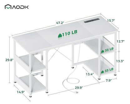 Casacomoda 48 inch Home Office Desk with Power Outlets, Computer Desk with Storage Sheves, Writing Desk With Sturdy Structure, White