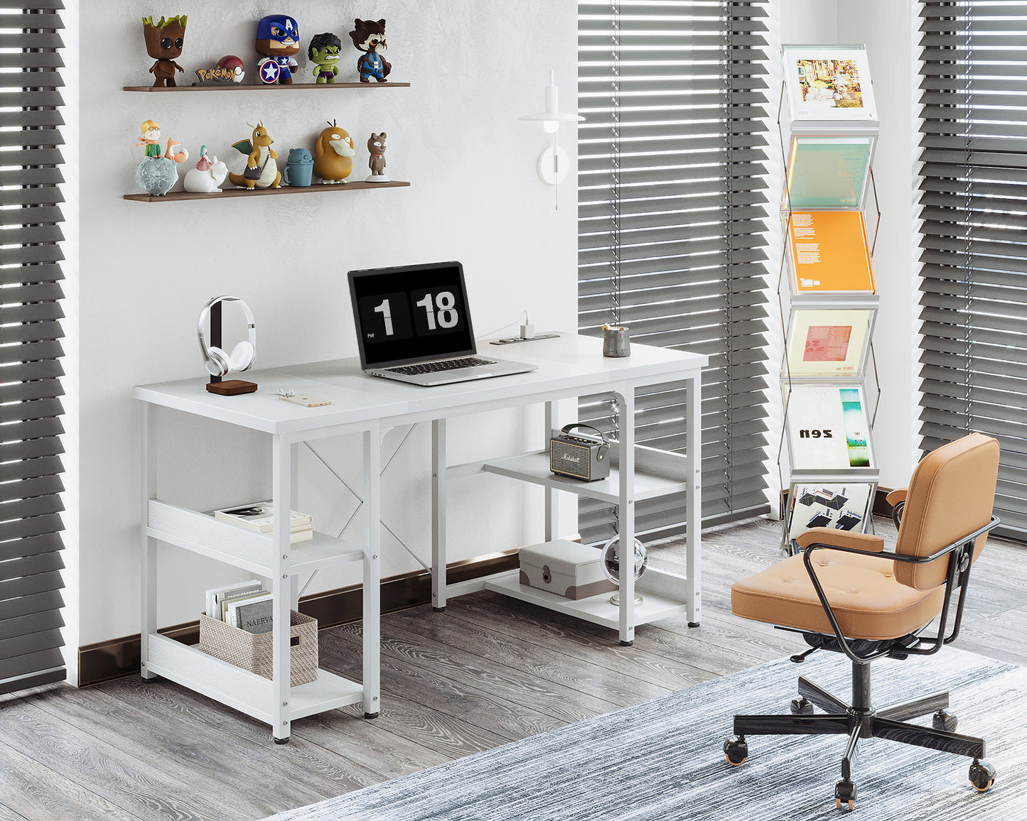 Casacomoda 48 inch Home Office Desk with Power Outlets, Computer Desk with Storage Sheves, Writing Desk With Sturdy Structure, White