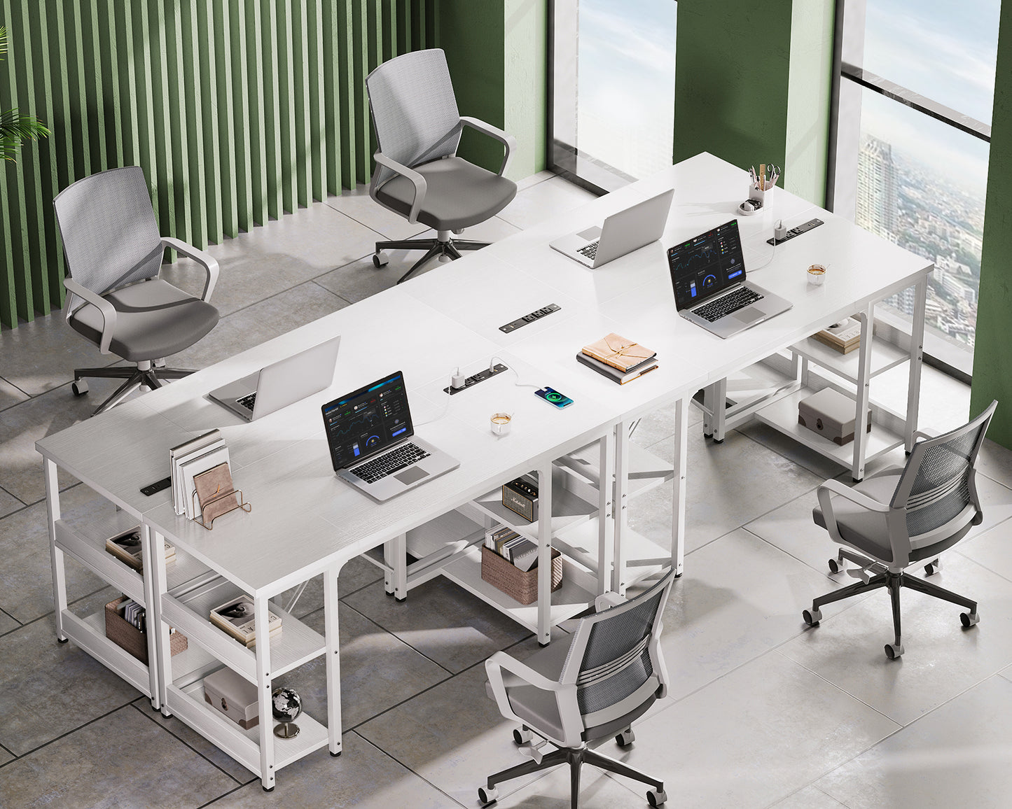 Casacomoda 48 inch Home Office Desk with Power Outlets, Computer Desk with Storage Sheves, Writing Desk With Sturdy Structure, White