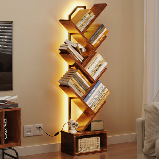 Casacomoda 6 Tier Tree Bookshelf, Bookcase with LED Lights, Display Floor Standing Storage Shelf, Book Organizer Shelves for Home Office, Living Room, Vintage