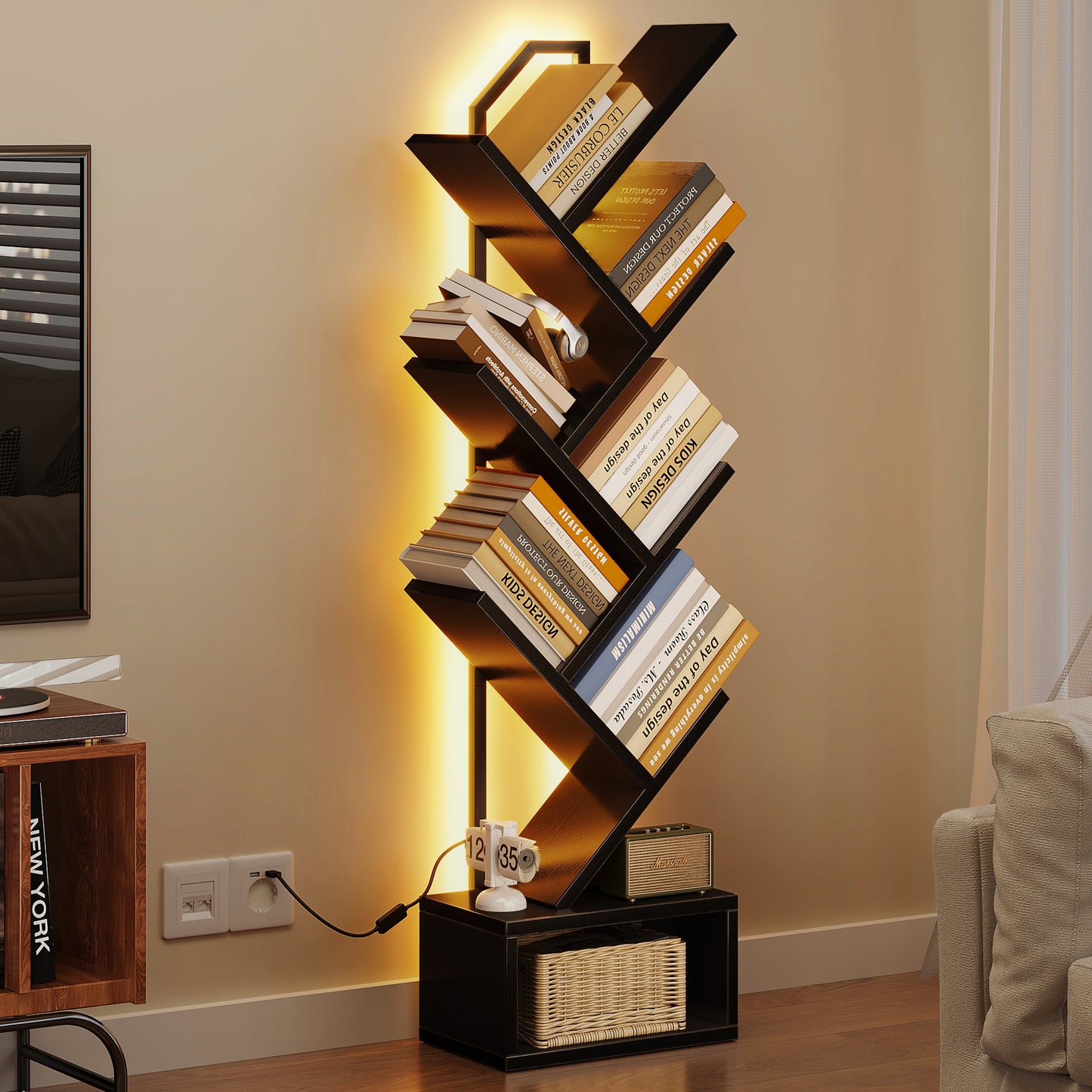Casacomoda 6 Tier Tree Bookshelf, Bookcase with LED Lights, Display Floor Standing Storage Shelf, Book Organizer Shelves for Home Office, Living Room, Black