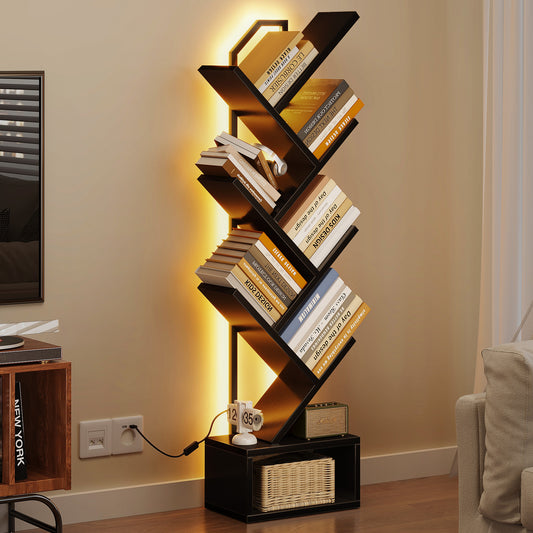 Casacomoda 6 Tier Tree Bookshelf, Bookcase with LED Lights, Display Floor Standing Storage Shelf, Book Organizer Shelves for Home Office, Living Room, Black