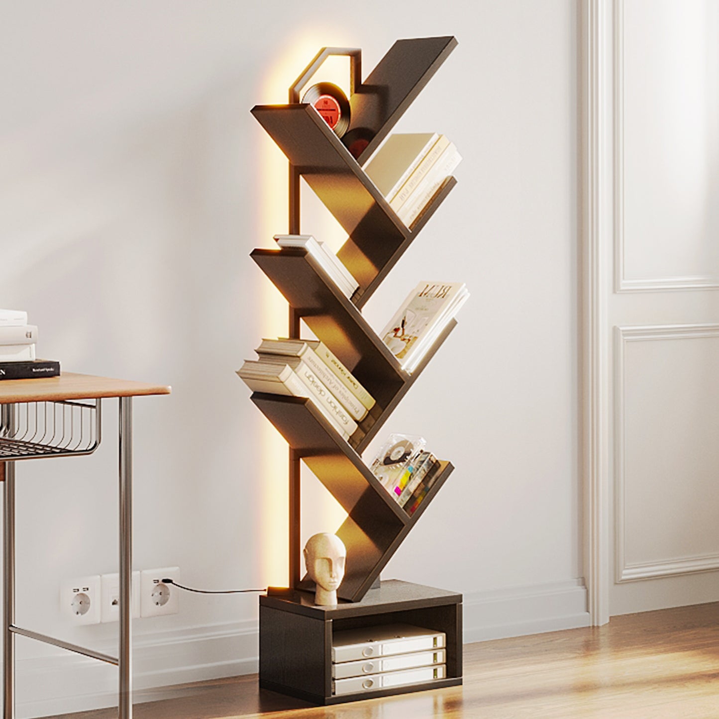 Casacomoda 6 Tier Tree Bookshelf, Bookcase with LED Lights, Display Floor Standing Storage Shelf, Book Organizer Shelves for Home Office, Living Room, Black