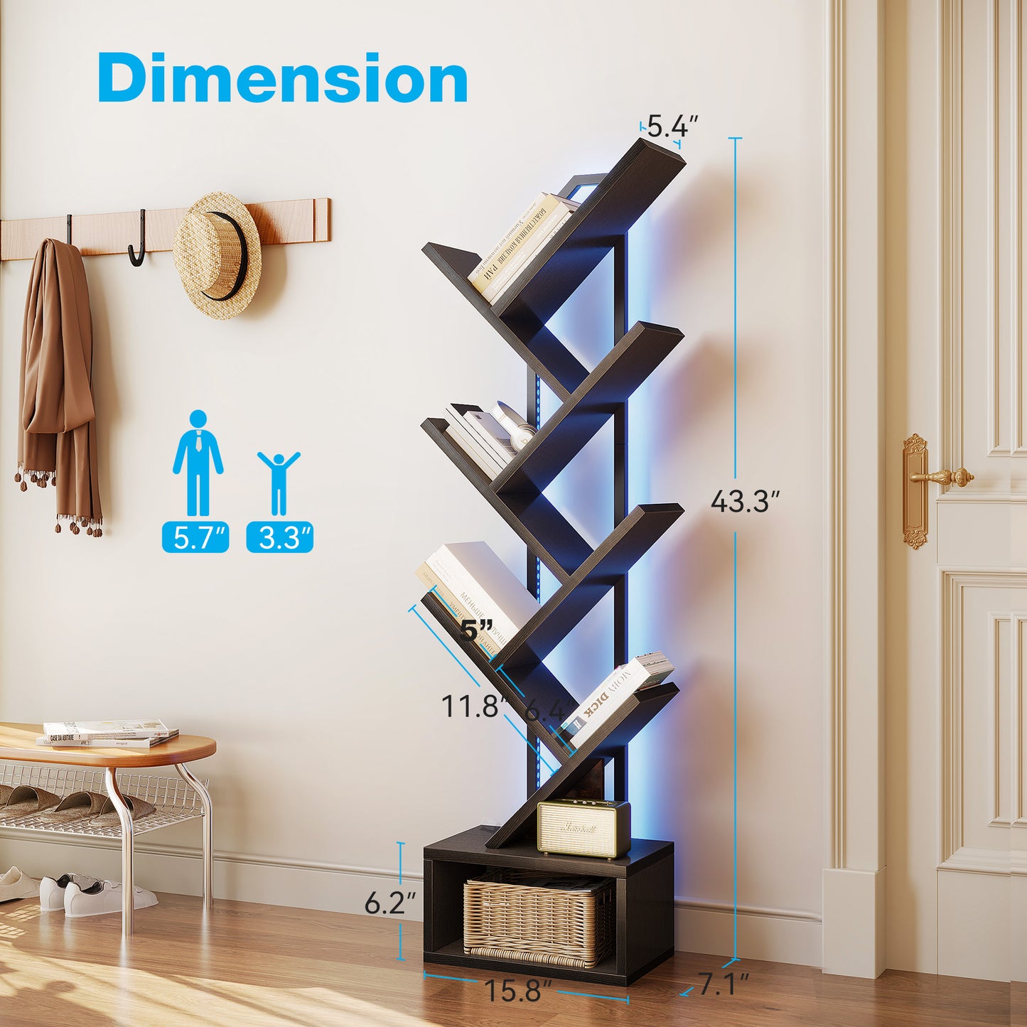 Casacomoda 6 Tier Tree Bookshelf, Bookcase with LED Lights, Display Floor Standing Storage Shelf, Book Organizer Shelves for Home Office, Living Room, Black