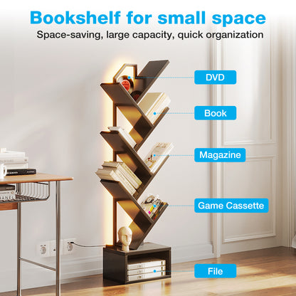 Casacomoda 6 Tier Tree Bookshelf, Bookcase with LED Lights, Display Floor Standing Storage Shelf, Book Organizer Shelves for Home Office, Living Room, Black