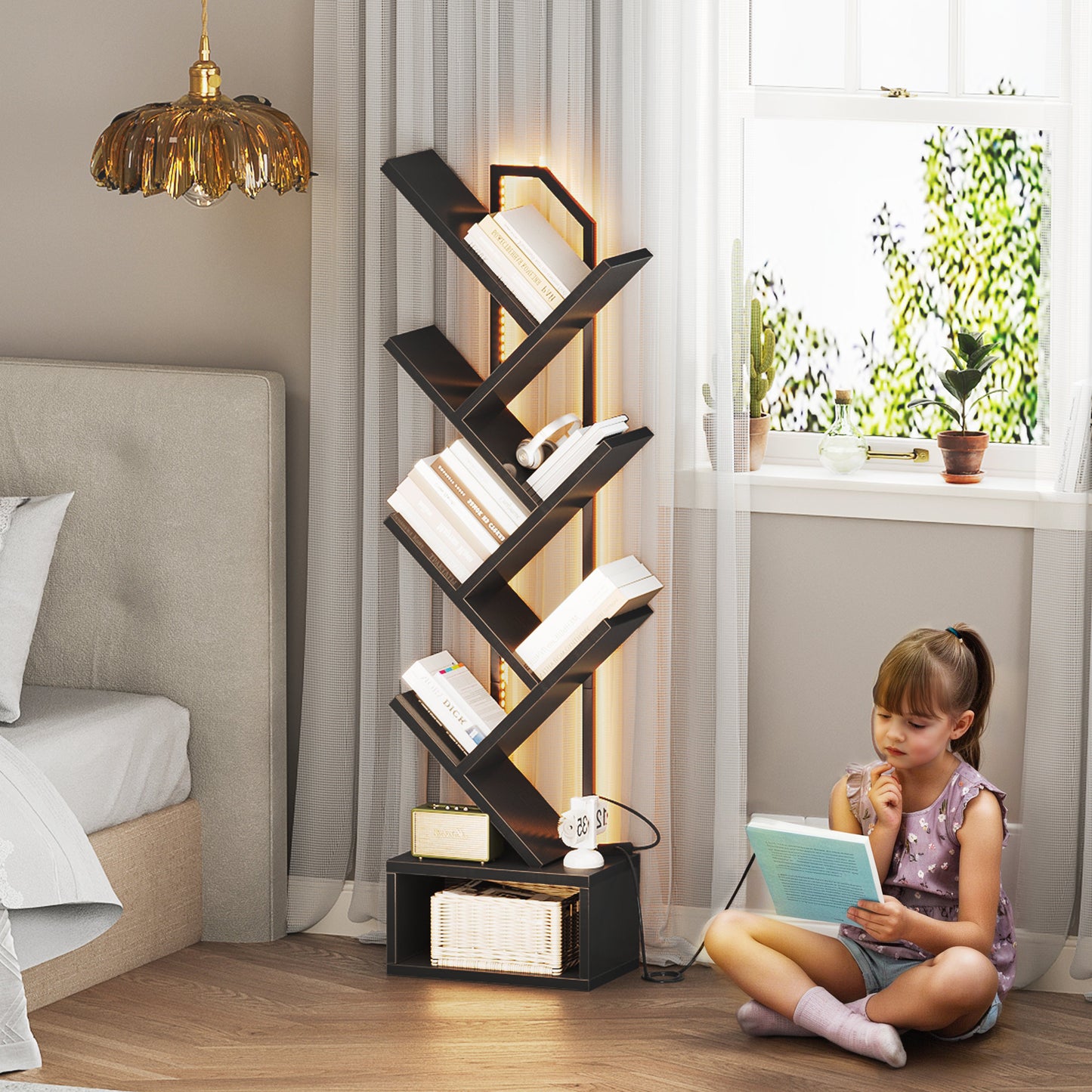 Casacomoda 6 Tier Tree Bookshelf, Bookcase with LED Lights, Display Floor Standing Storage Shelf, Book Organizer Shelves for Home Office, Living Room, Black