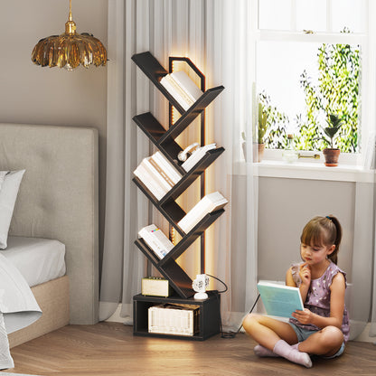 Casacomoda 6 Tier Tree Bookshelf, Bookcase with LED Lights, Display Floor Standing Storage Shelf, Book Organizer Shelves for Home Office, Living Room, Black
