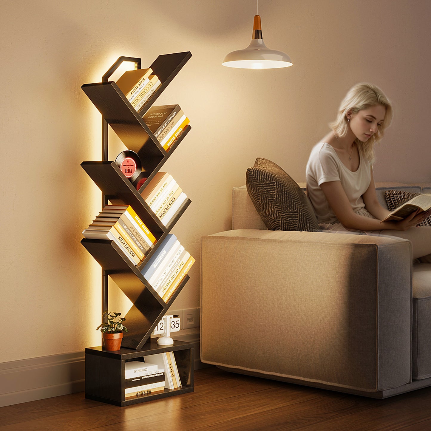 Casacomoda 6 Tier Tree Bookshelf, Bookcase with LED Lights, Display Floor Standing Storage Shelf, Book Organizer Shelves for Home Office, Living Room, Black