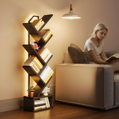 Casacomoda 6 Tier Tree Bookshelf, Bookcase with LED Lights, Display Floor Standing Storage Shelf, Book Organizer Shelves for Home Office, Living Room, Black