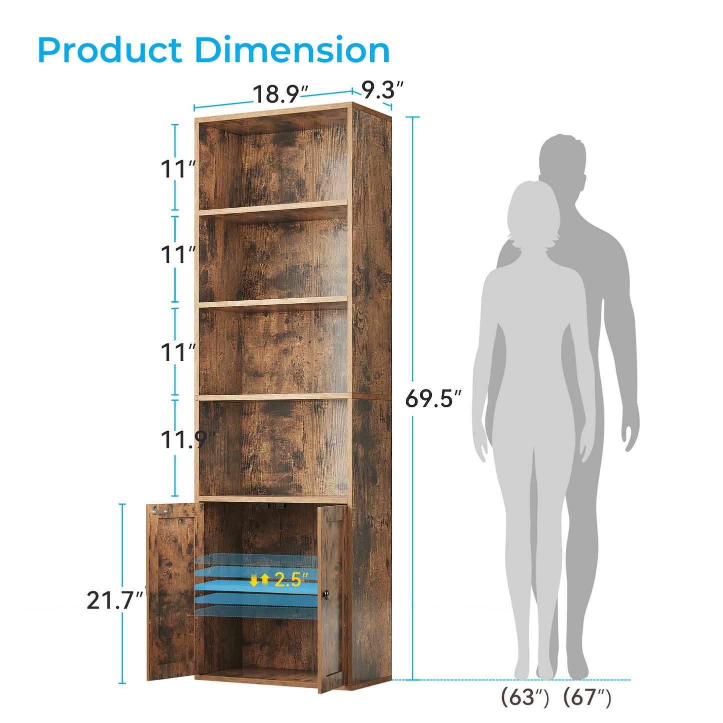 Casacomoda 6-Tier Bookcase with Cabinet, Modern Bookshelf for Home Office, Living Room or Bedroom, Easy Assembly & Stable Structure, Vintage