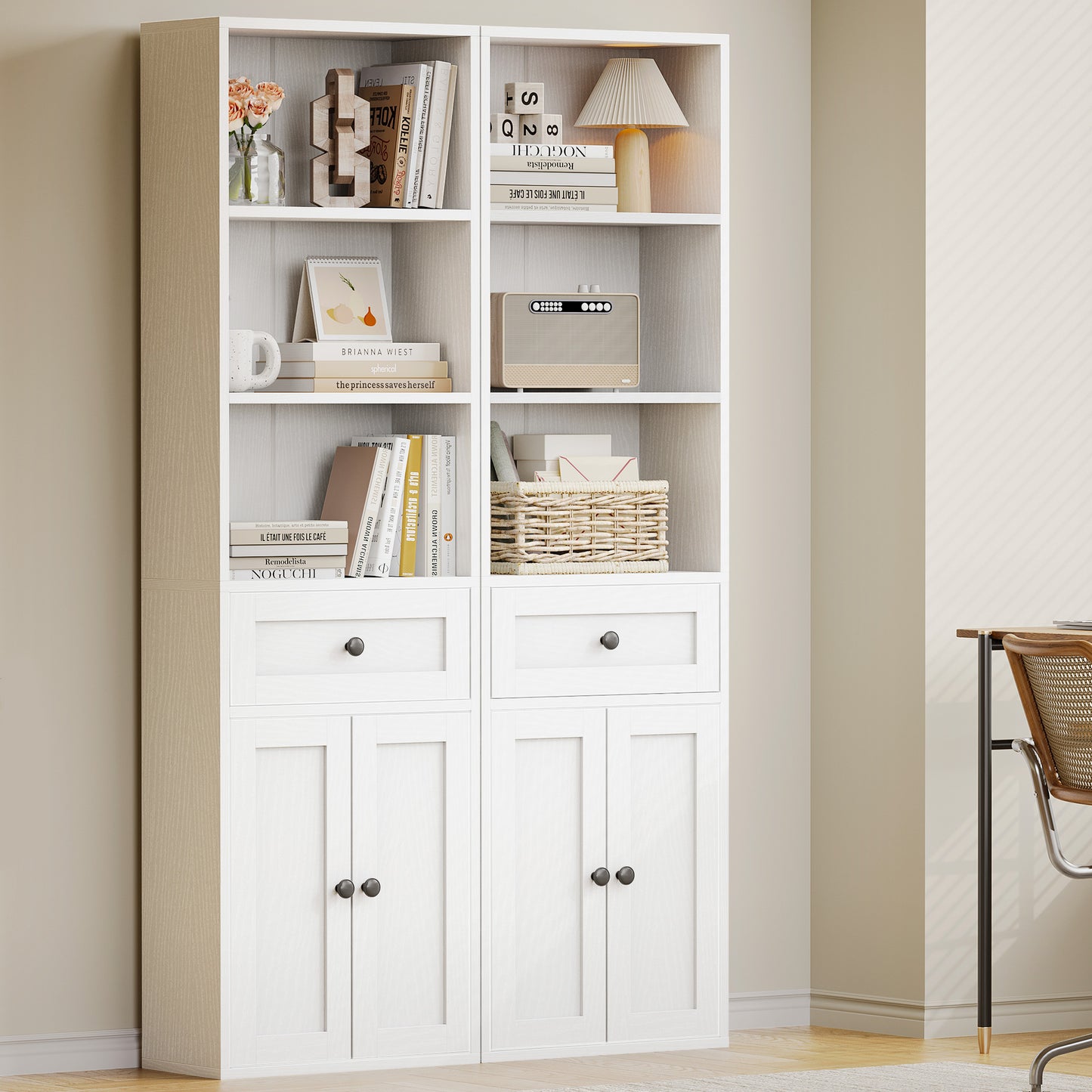 Casacomoda 5-Tier Bookcase with Drawer and Cabinet, Modern Bookshelf for Home Office, Living Room or Bedroom, Easy Assembly & Stable Structure, White