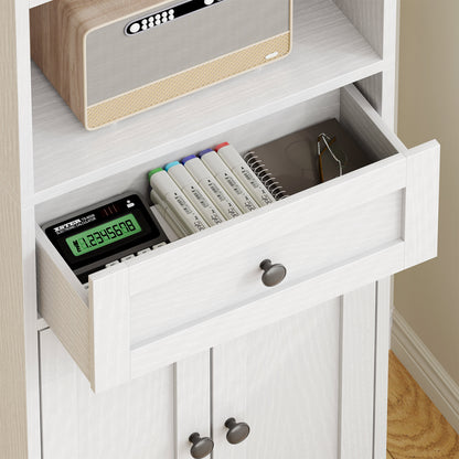 Casacomoda 5-Tier Bookcase with Drawer and Cabinet, Modern Bookshelf for Home Office, Living Room or Bedroom, Easy Assembly & Stable Structure, White