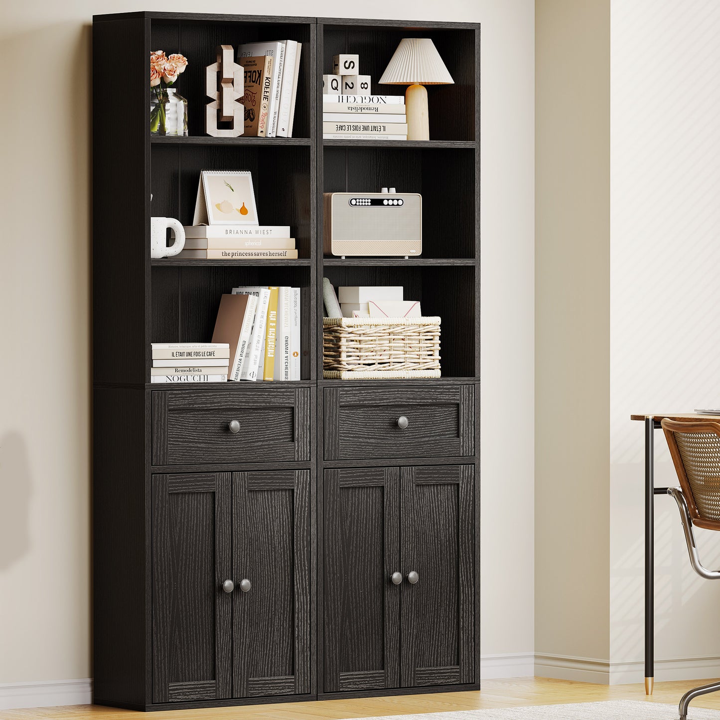 Casacomoda 5-Tier Bookcase with Drawer and Cabinet, Modern Bookshelf for Home Office, Living Room or Bedroom, Easy Assembly & Stable Structure, Black