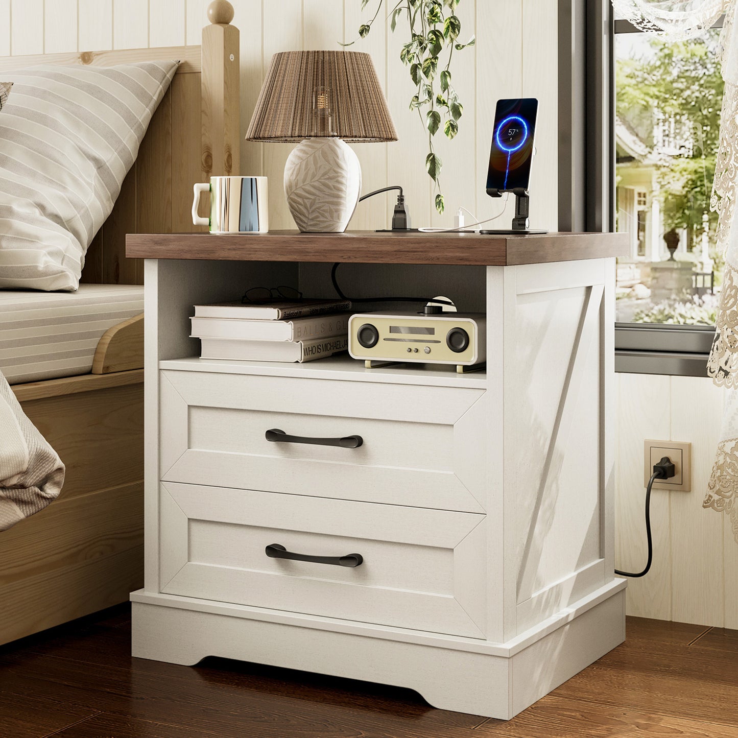 Farmhouse Nightstand, Bedside Table with Charging Station and USB, End Table with 2 Drawers, Night Stand for Bedroom, Dark Walnut & White
