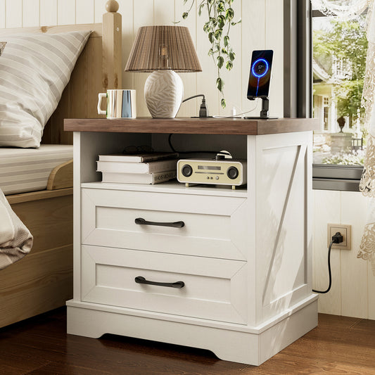 Farmhouse Nightstand, Bedside Table with Charging Station and USB, End Table with 2 Drawers, Night Stand for Bedroom, Dark Walnut & White