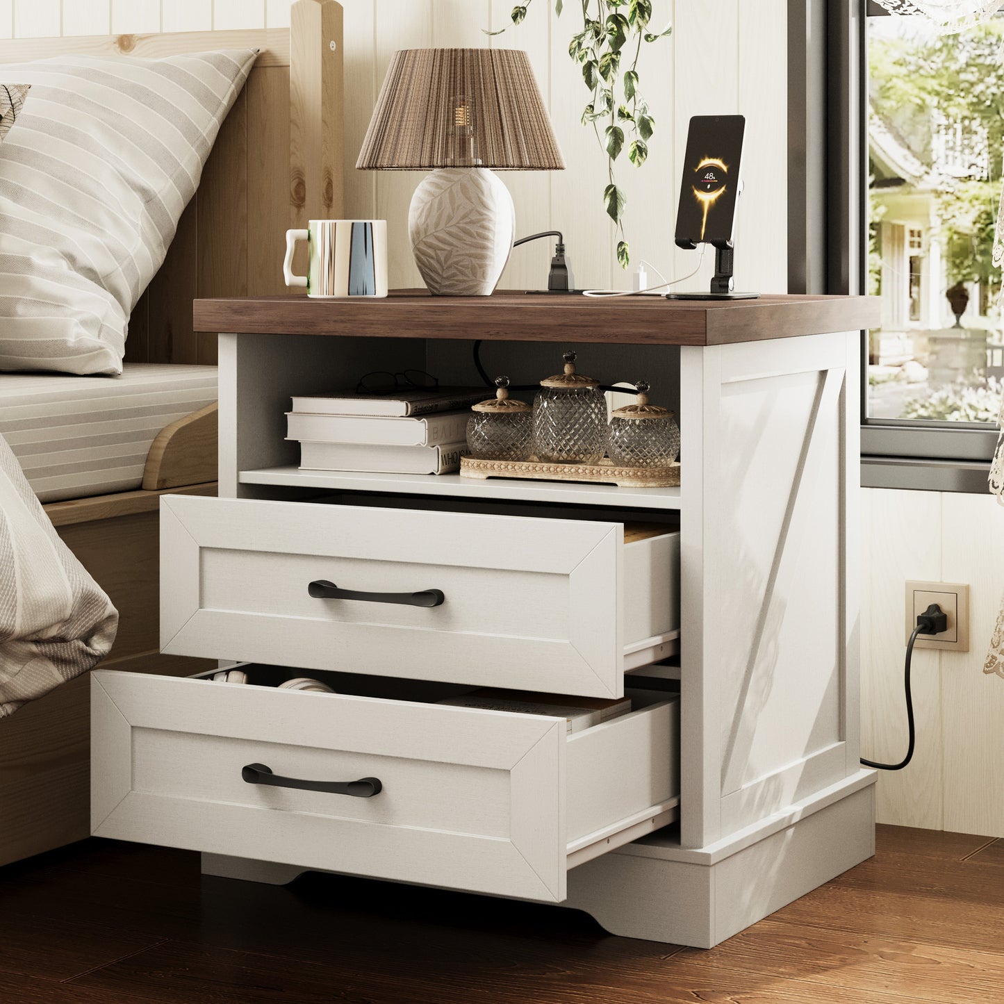 Farmhouse Nightstand, Bedside Table with Charging Station and USB, End Table with 2 Drawers, Night Stand for Bedroom, Dark Walnut & White