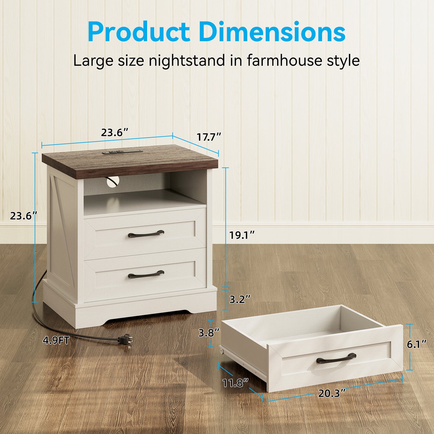 Farmhouse Nightstand, Bedside Table with Charging Station and USB, End Table with 2 Drawers, Night Stand for Bedroom, Dark Walnut & White