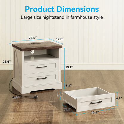 Farmhouse Nightstand, Bedside Table with Charging Station and USB, End Table with 2 Drawers, Night Stand for Bedroom, Dark Walnut & White