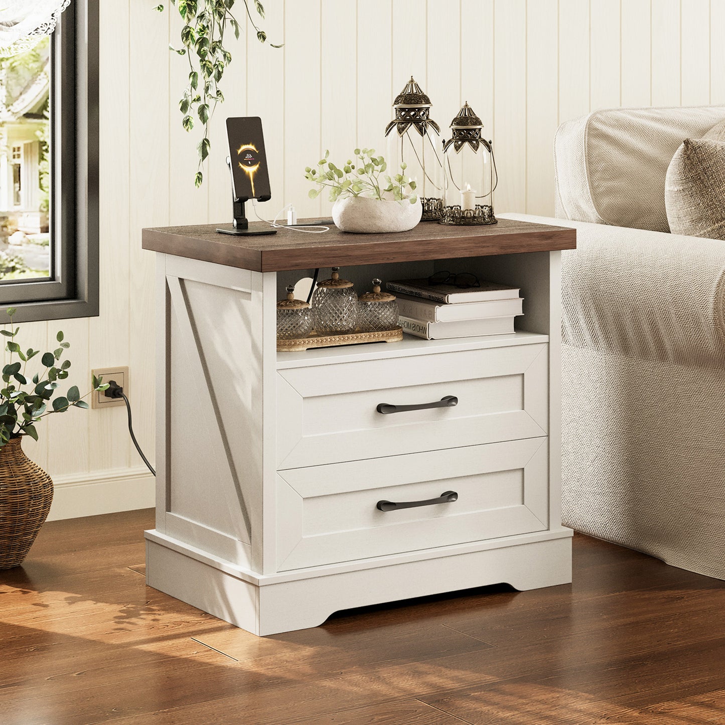 Farmhouse Nightstand, Bedside Table with Charging Station and USB, End Table with 2 Drawers, Night Stand for Bedroom, Dark Walnut & White