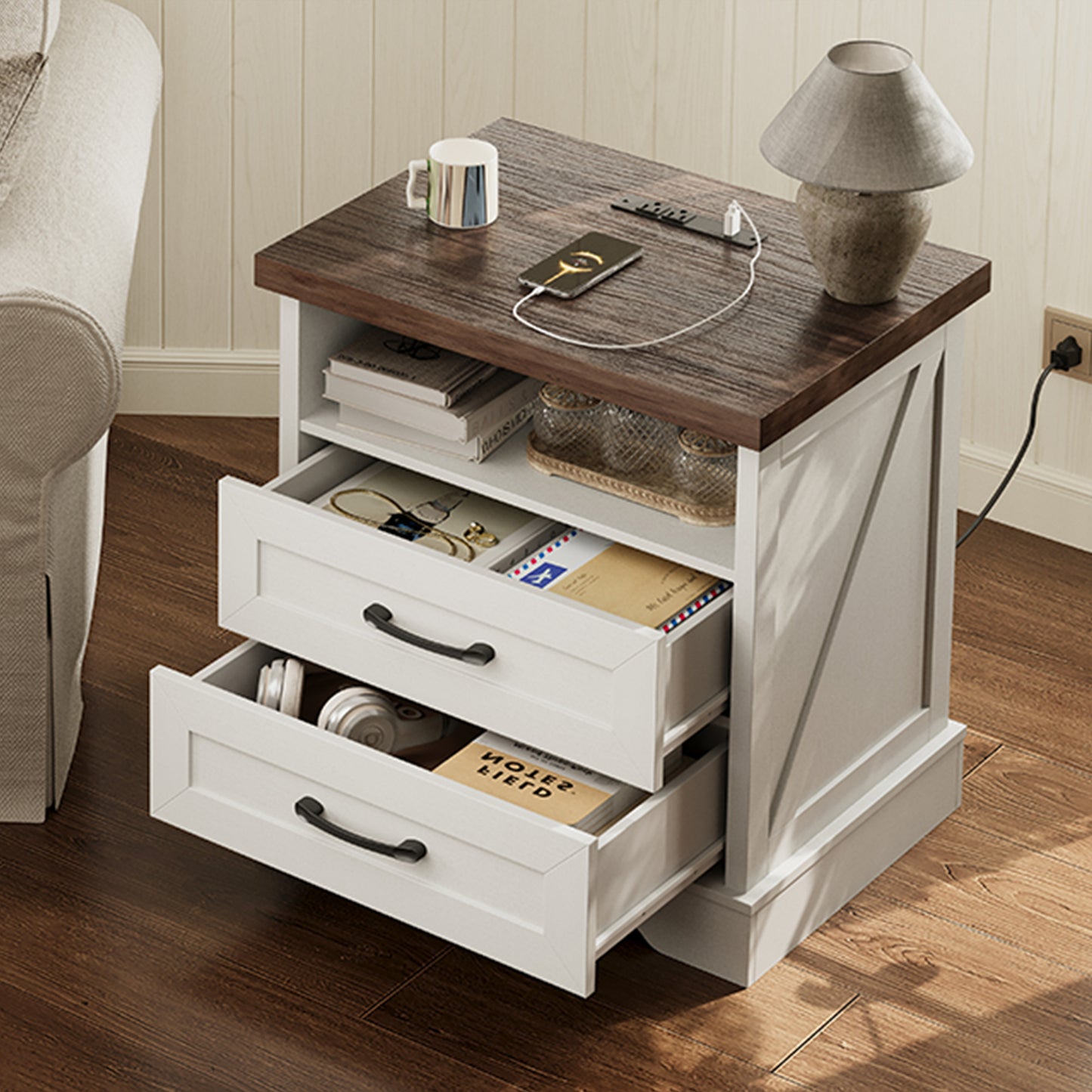 Farmhouse Nightstand, Bedside Table with Charging Station and USB, End Table with 2 Drawers, Night Stand for Bedroom, Dark Walnut & White