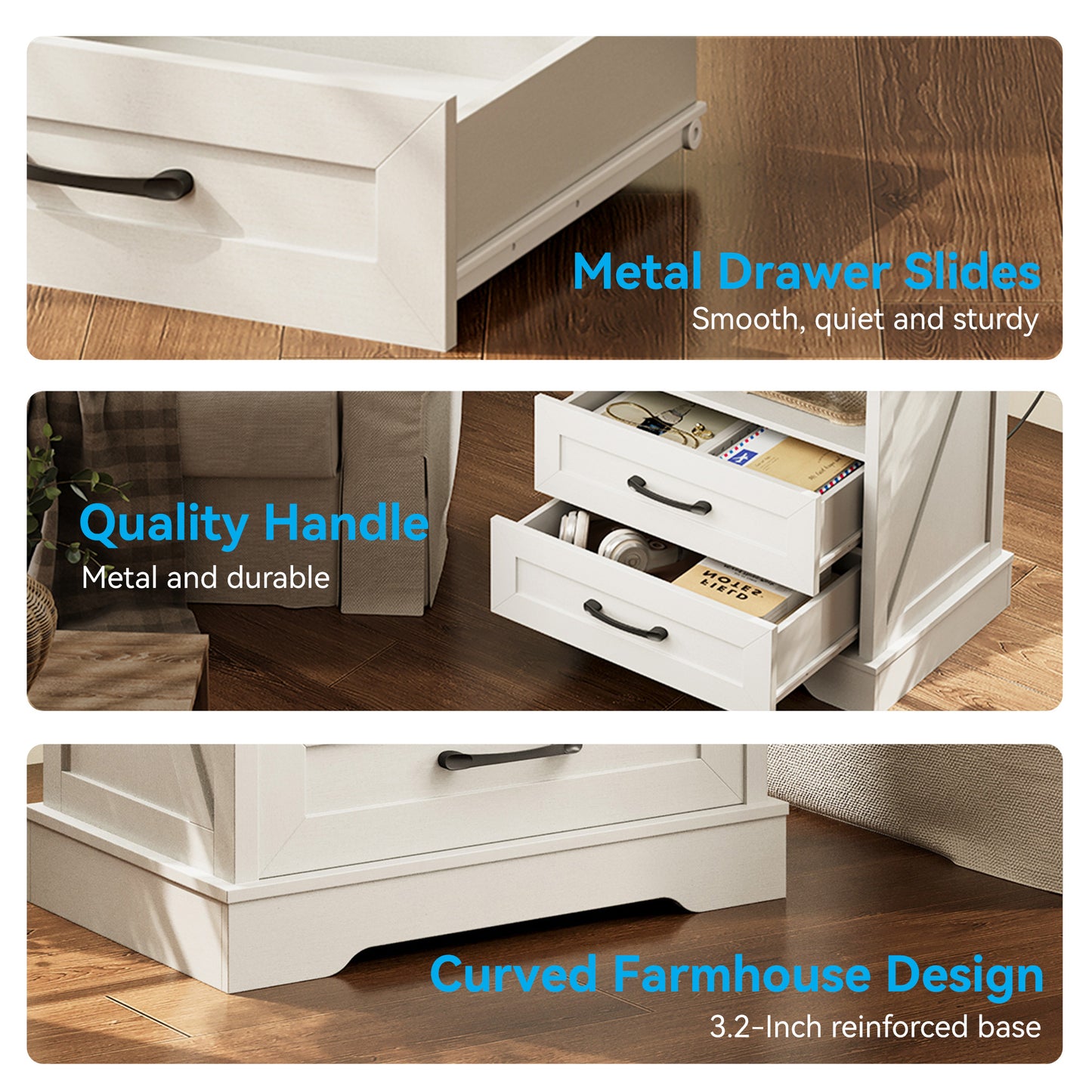 Farmhouse Nightstand, Bedside Table with Charging Station and USB, End Table with 2 Drawers, Night Stand for Bedroom, Dark Walnut & White