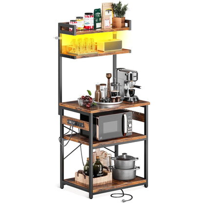 Bakers Rack with Power Outlet & LED Lights, Coffee Bar with Storage 5-Tiers, Microwave Stand Kitchen Shelf 16.5 * 23.6 * 59 inches, Kitchen Coffee Rack, Rustic Brown