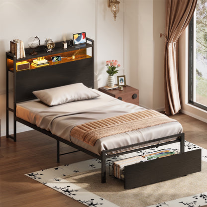 Casacomoda Twin Size Bed Frame with Storage Headboard, Metal Platform Bed Frame with Storage Drawer, Bed Frame with Charging Station & LED Light, No Box Spring Needed, Black
