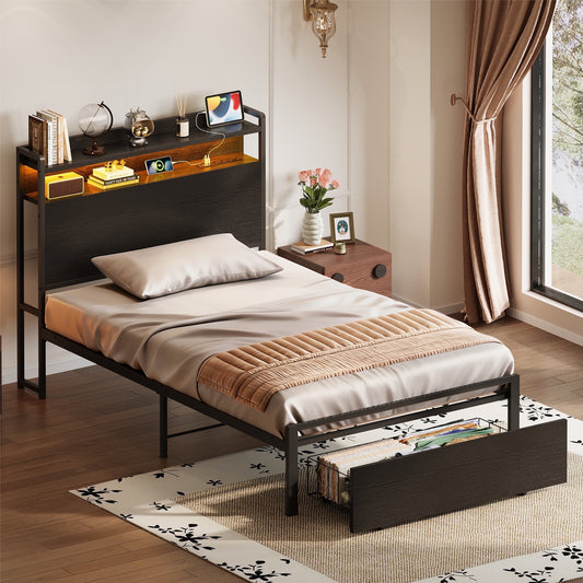 Casacomoda Twin Size Bed Frame with Storage Headboard, Metal Platform Bed Frame with Storage Drawer, Bed Frame with Charging Station & LED Light, No Box Spring Needed, Black