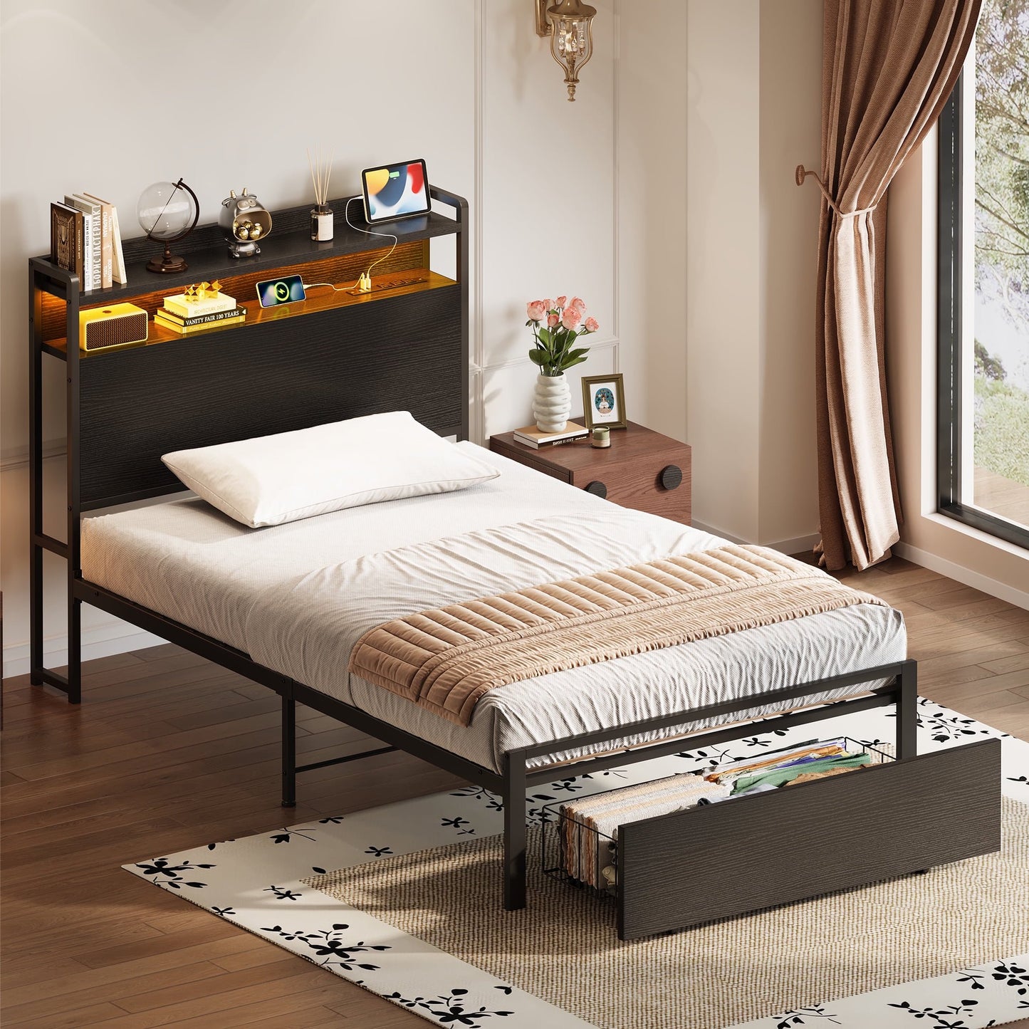 Bed Frame Twin Size with Storage Headboard and Drawer, Upholstered Platform Bed with Charging Station and LED Light, Heavy Duty Frame Support, No Box Spring Needed, Noise Free, Black