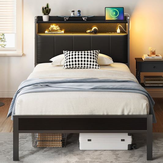 Bed Frame Twin Size with Storage Headboard, Upholstered Platform Bed with Charging Station and LED Light, Heavy Duty Frame Support, No Box Spring Needed, Noise Free, Black
