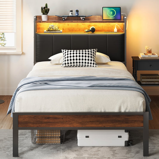 Bed Frame Twin Size with Storage Headboard, Upholstered Platform Bed with Charging Station and LED Light, Heavy Duty Frame Support, No Box Spring Needed, Noise Free, Vintage