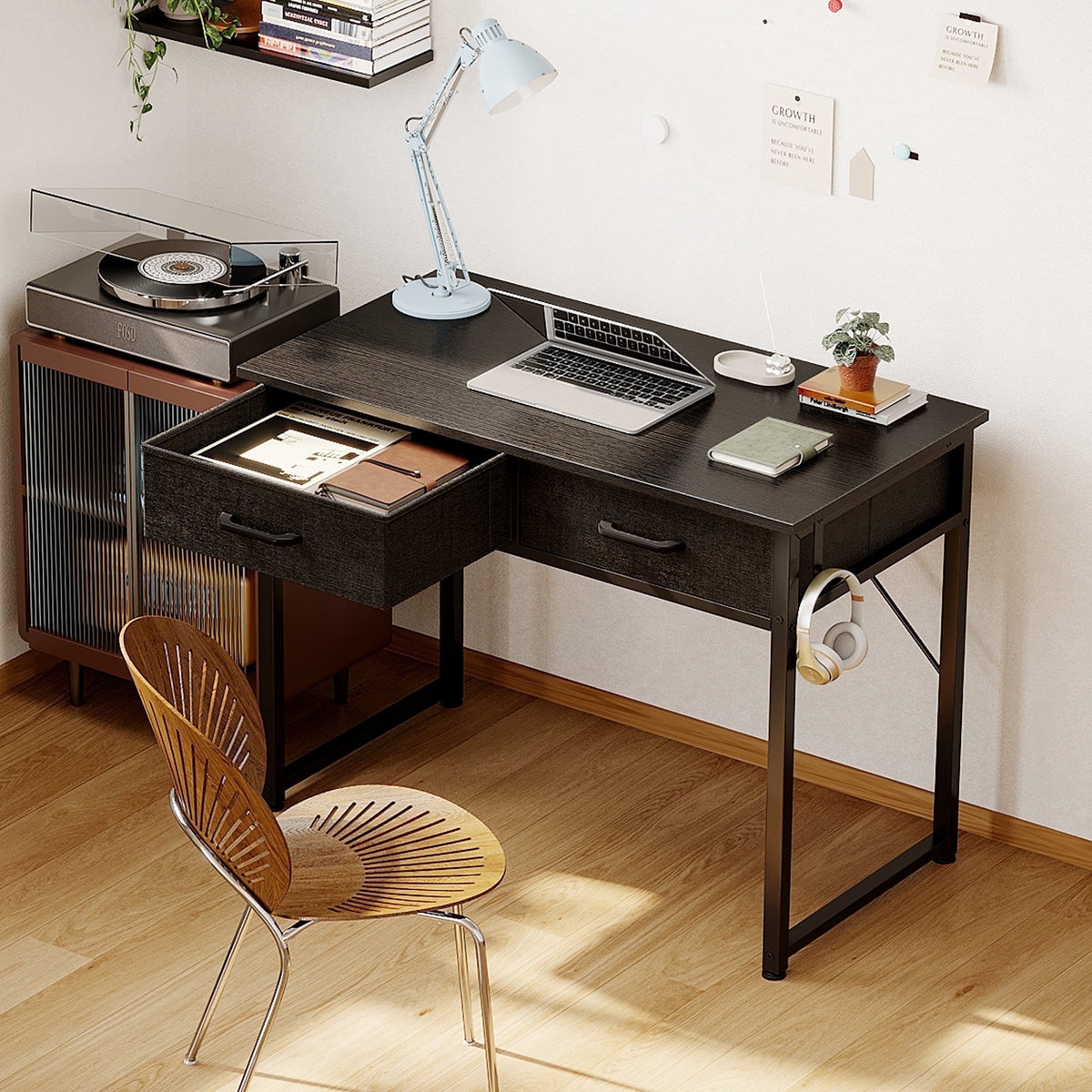 Casacomoda 32 Inch Writing Desk with 2 Fabric Drawers, Modern Study Table with Storage, Small Computer Desk for Small Space, Home Office Desk, Black