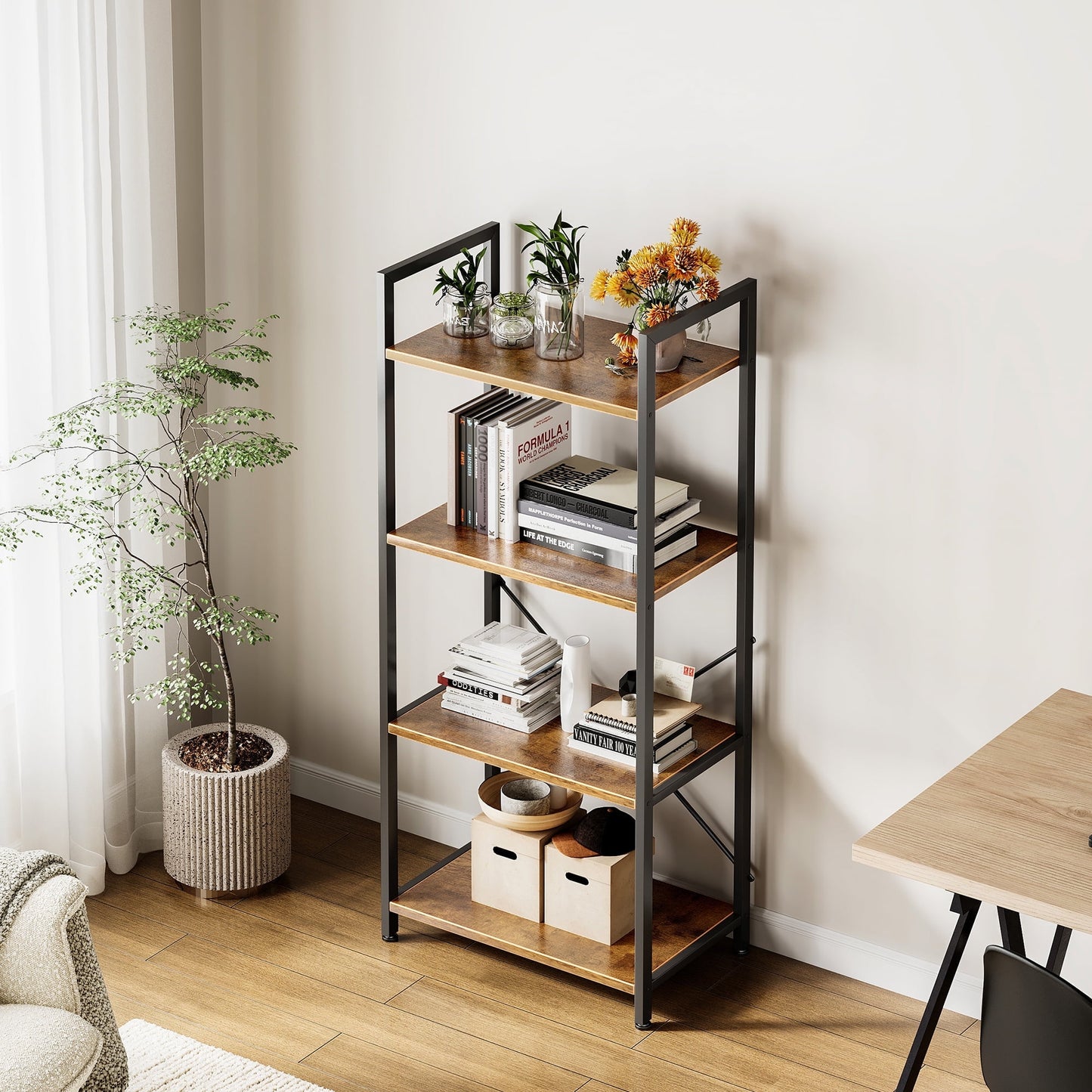 Casacomoda 4-Tier Bookshelf, Freestanding Book Shelf, Home Office Bookcase, Storage Shelving Unit for Bedroom, Living Room, Vintage
