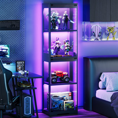 Casacomoda 4-Tier Gaming Display Cabinet with RGB Lights, Glass Door Corner Display Case & Curio Cabinet, for Collectibles, Models, Lego Display Shelf, Black