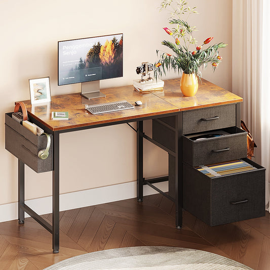 Casacomoda 40 inch Computer Desk with Fabric Drawers & File Cabinet, Home Office Desk with Cloth Storage Bag and Hook, Vanity Desk for Bedroom, Vintage and Black