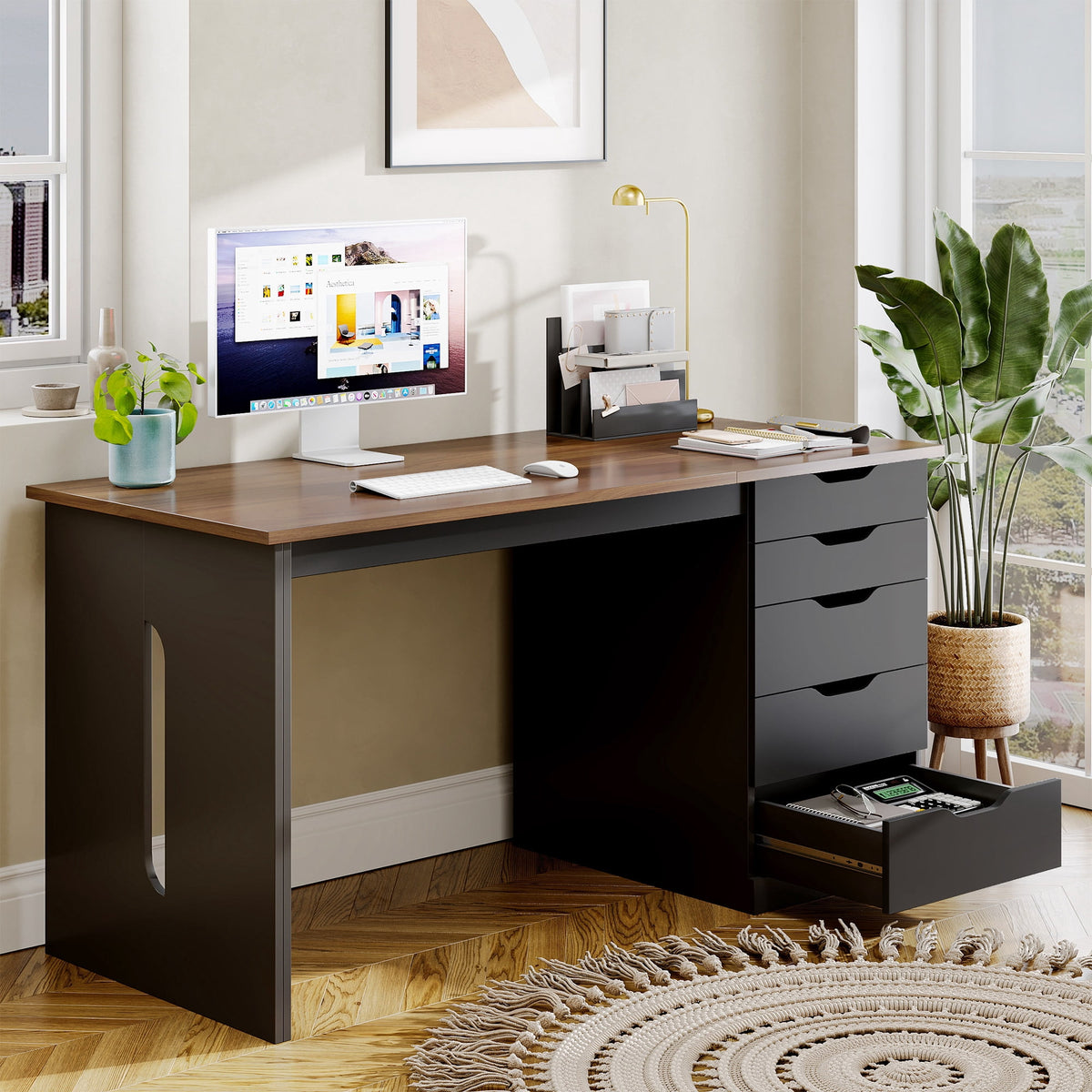 Casacomoda 47” Home Office Desk with 5 Drawers, Compact Writing Desk with Storage, Modern Computer Desk for Bedroom, Study Room and Small Spaces