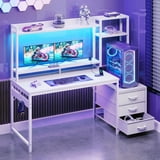 Casacomoda 48 inch Gaming Desk with LED Lights & Power Outlets, Home Office Desk with Reversible Storage Drawers & Monitor Shelves, Gaming Table for Small Space, White