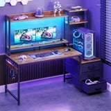 Casacomoda 48 inch Gaming Desk with LED Lights & Power Outlets, Home Office Desk with Reversible Storage Drawers & Monitor Shelves, Gaming Table for Small Space, Vintage