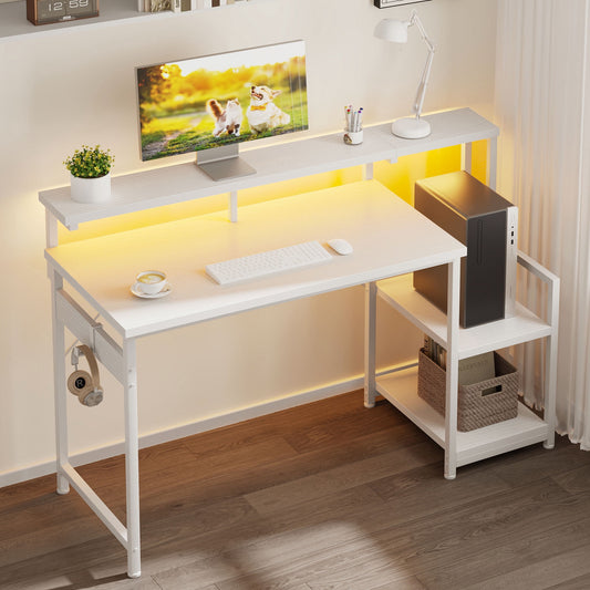 Casacomoda 48 Inch Computer Desk with Monitor Stand & LED Lights, Home Office Desk with Adjustable Storage Shelf & CPU Stand, White